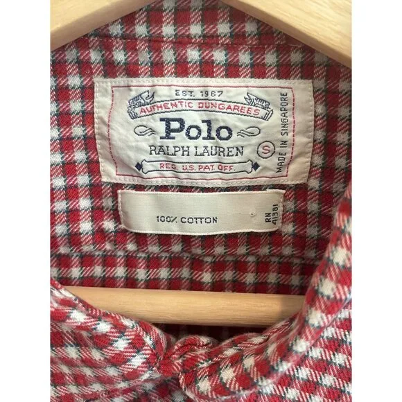 Polo Ralph Lauren Authentic Dungarees Men’s Shirt Red Plaid Flannel Cotton Tag S - Picture 2 of 5